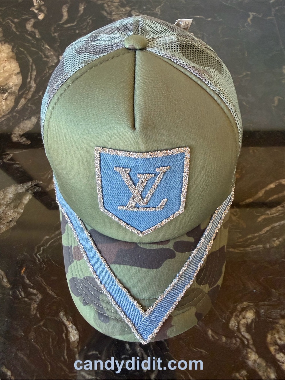 NWT Handmade Olive Green & Camouflage Baseball Cap with Blue Denim Patch - Picture 3 of 9